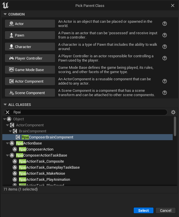 Creating a child class of RpaiComposerBrainComponent