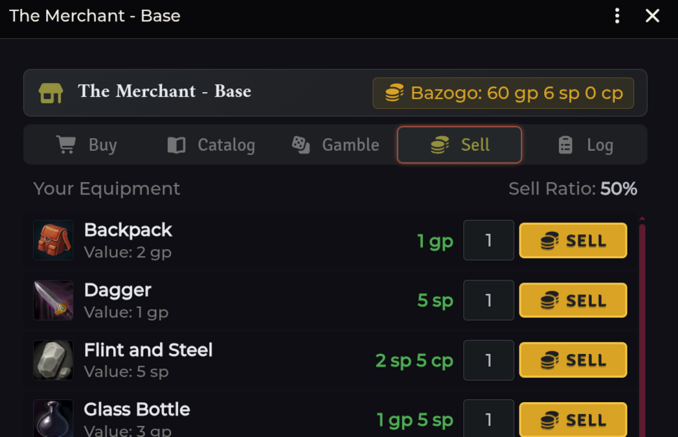 The Sell tab: Your Equipment listed with each item's value, the payout at the current sell ratio, a quantity box and a Sell button