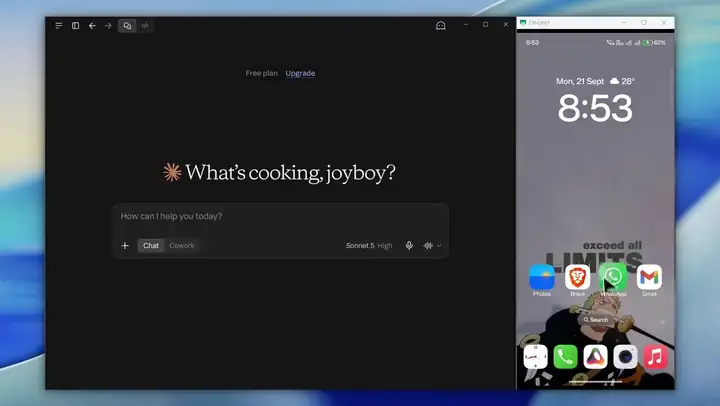 Claude on a laptop shares an Instagram post to a story on the phone through AURA