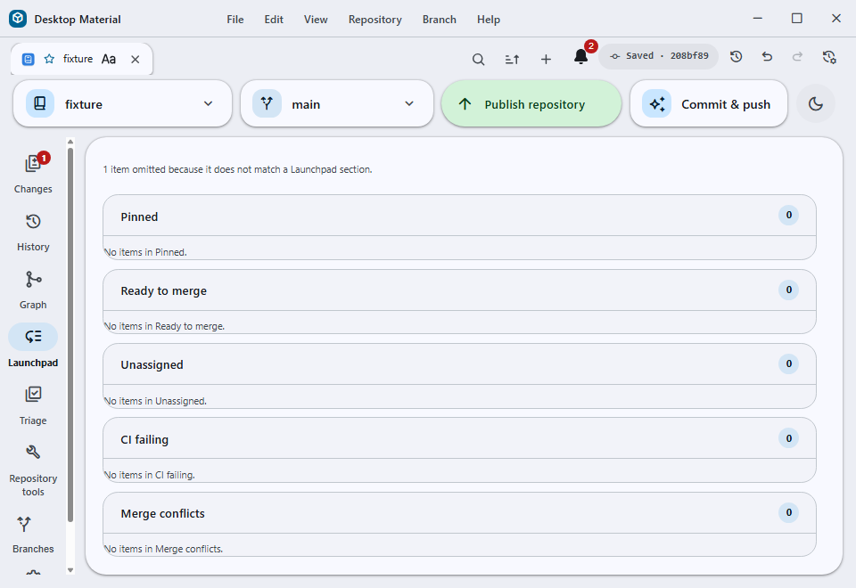 Launchpad full-width empty state with five truthful zero-count groups and no blank sidebar