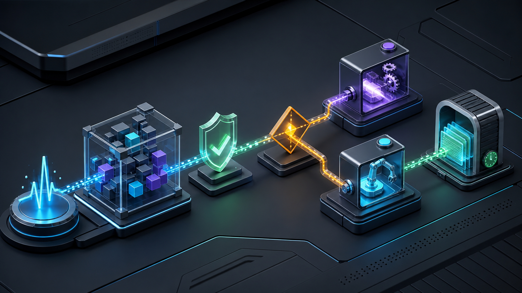 A conceptual automation pipeline with trigger, safety gate, decision, controlled actions, and history