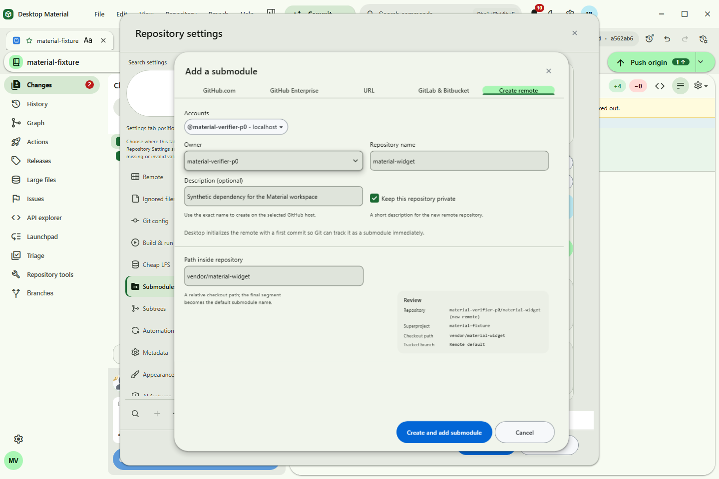 Clone-style Add Submodule review with a synthetic URL, checkout path, and tracked branch
