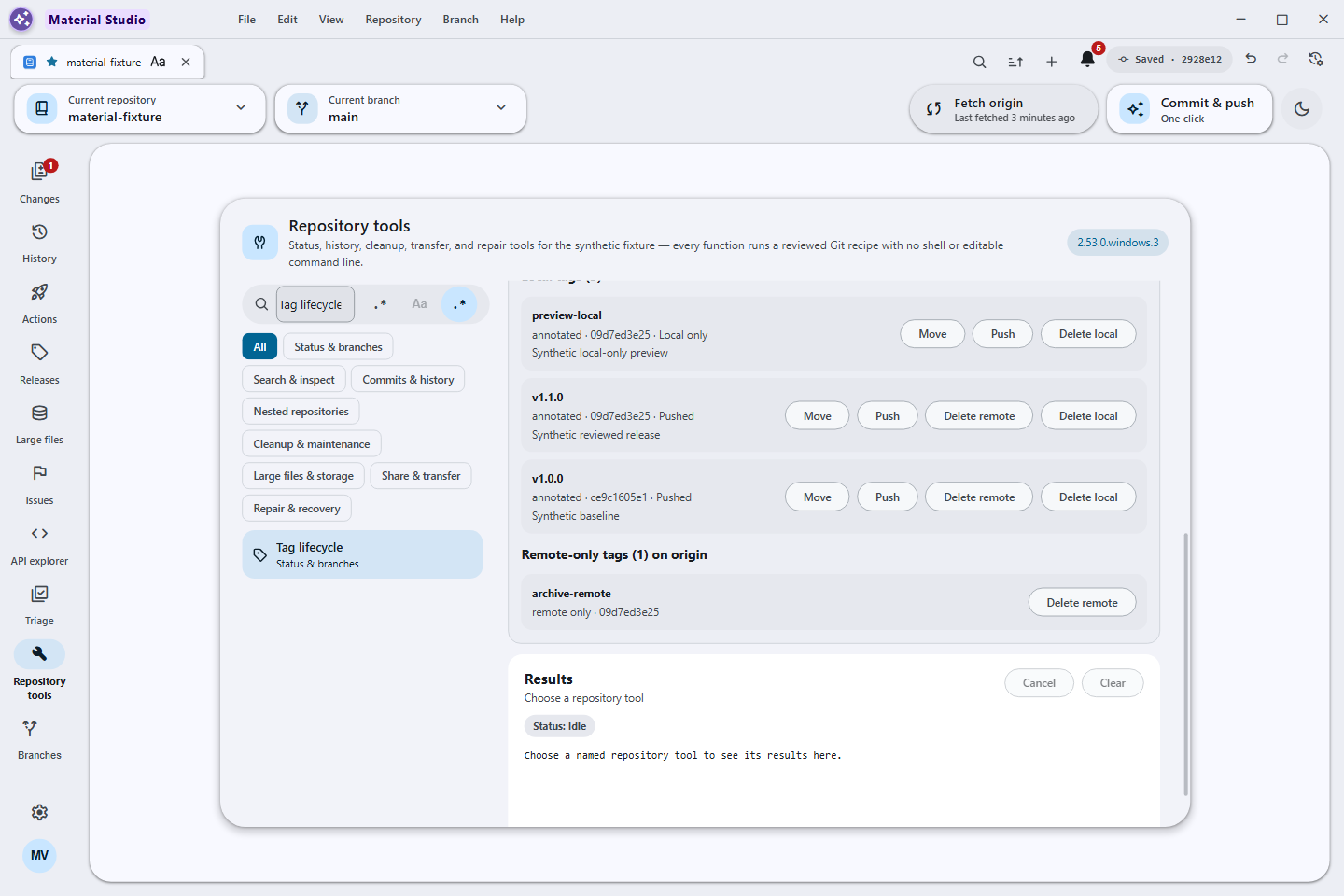 Advanced tag lifecycle workspace with local, pushed, and remote-only tags