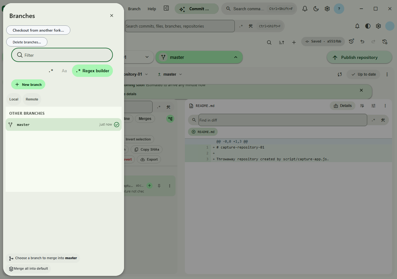 Branches side sheet with its Local and Remote tabs clear of the control beneath them, the default branch listed with its current-branch check, and two ordinary pill-sized merge actions in the footer