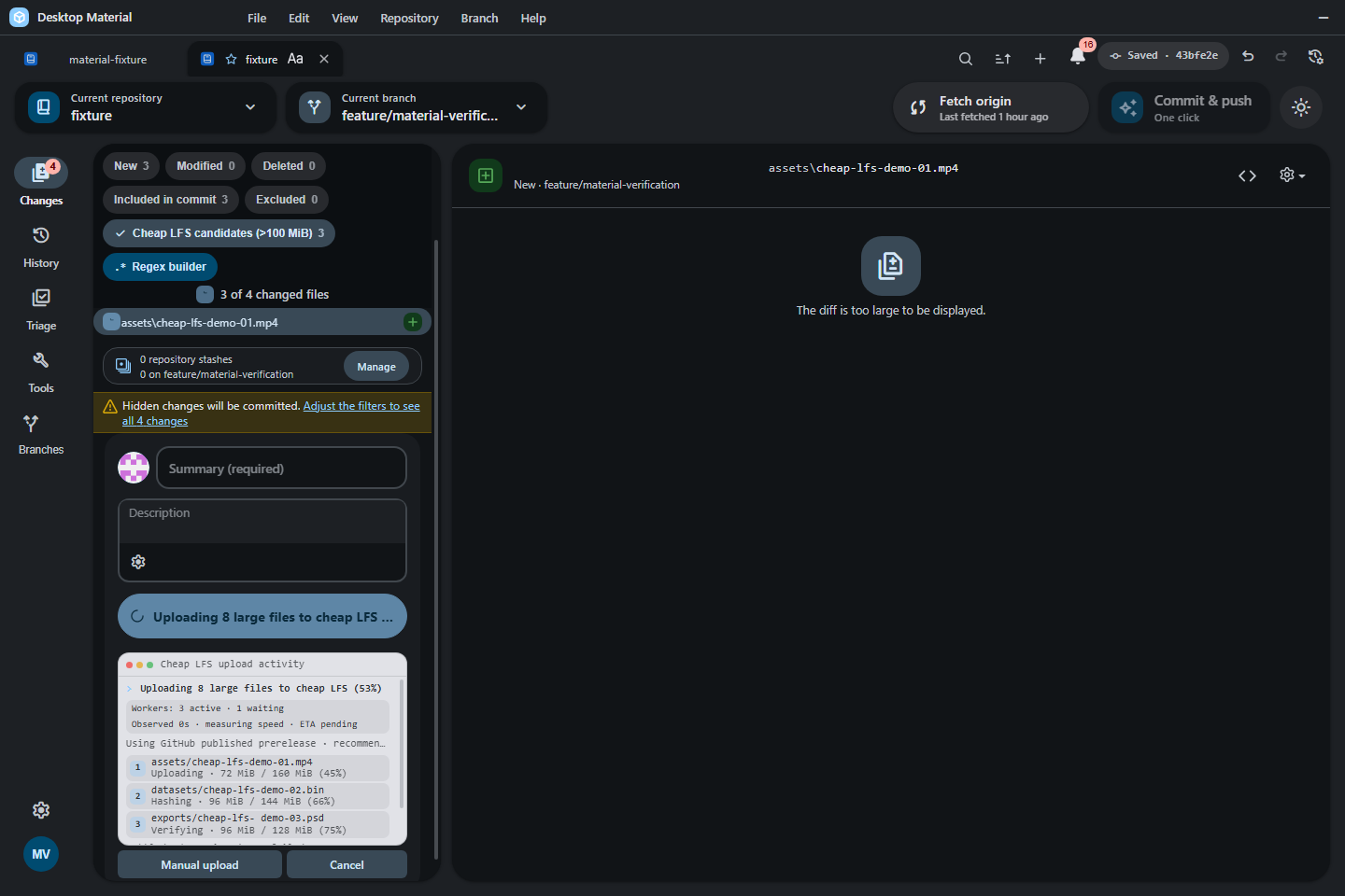Changes sidebar with the Large files filter and a three-worker Cheap LFS terminal showing queue, provider, reason, timing, ETA, and manual controls