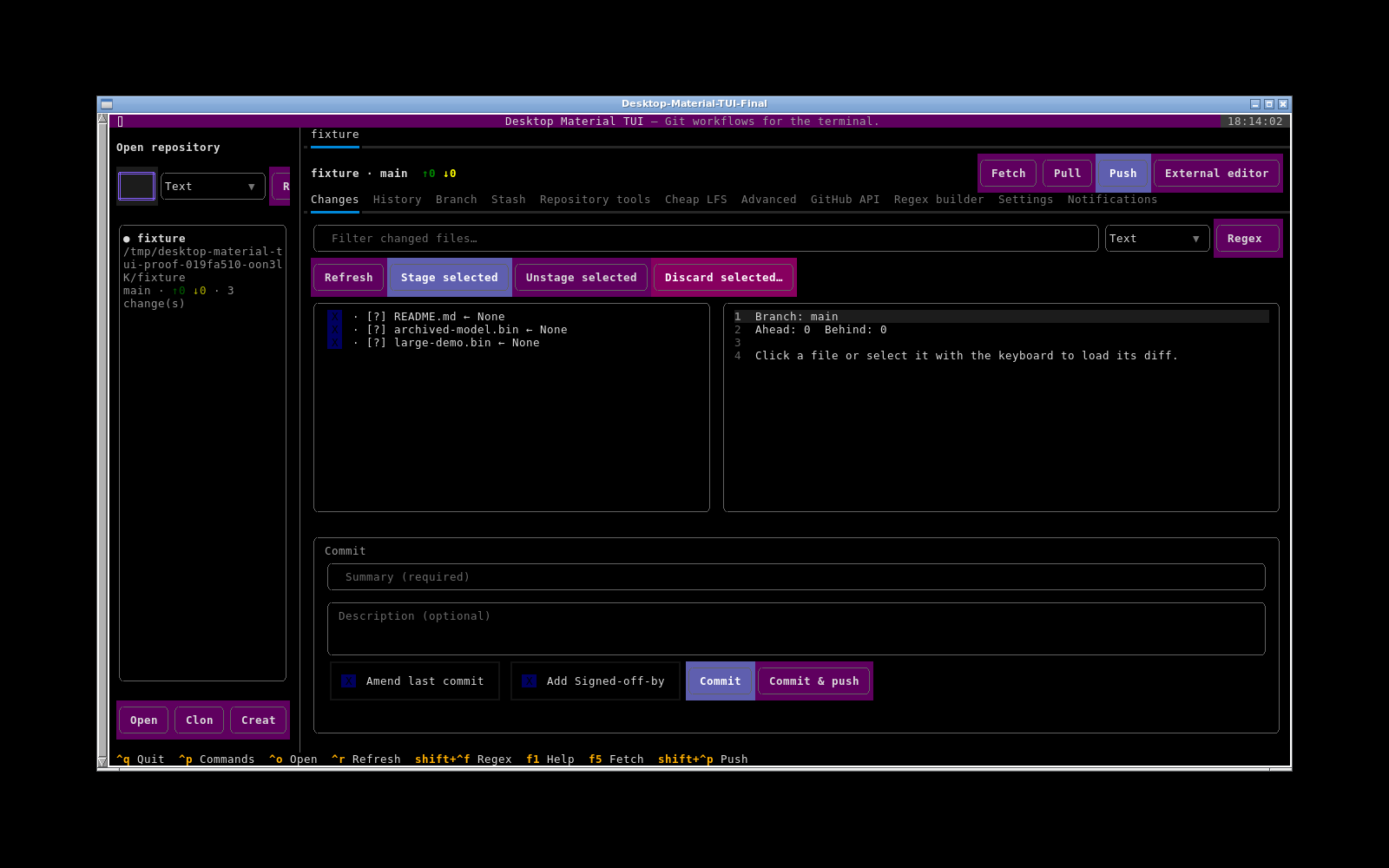 Linux terminal edition overview with repository navigation, status, and workspace tabs