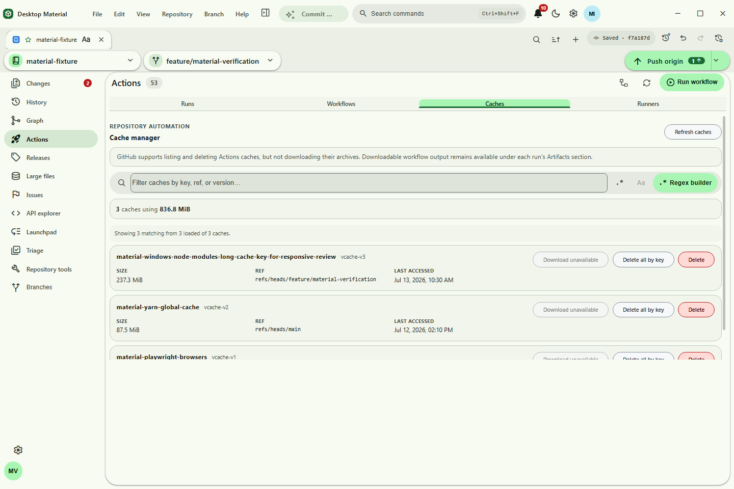 Actions cache manager with usage totals, refs, wrapped keys, and delete controls