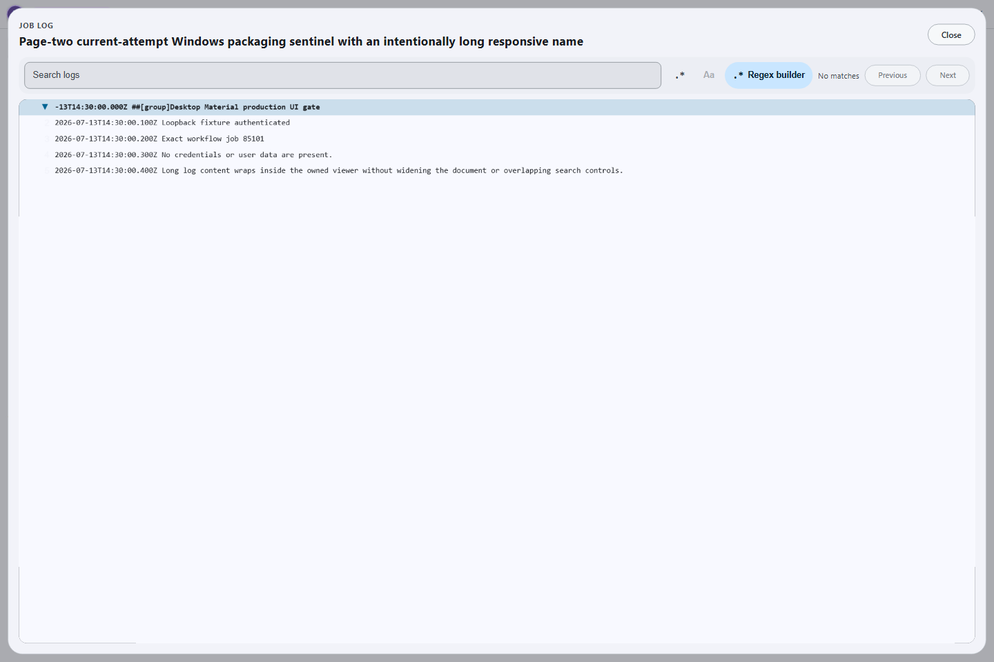 Windows x64 GitHub Actions job log loaded securely in the searchable in-app viewer