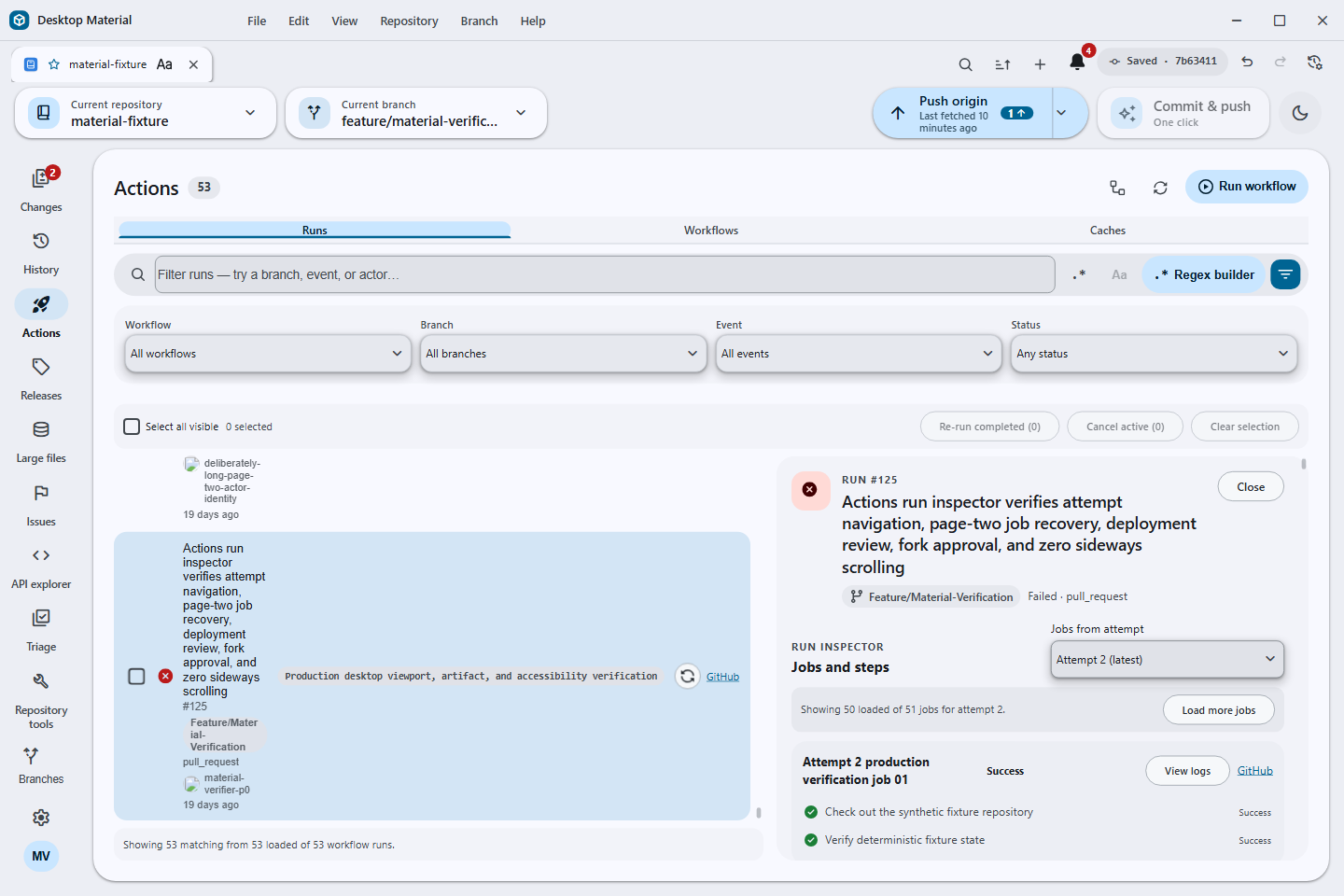 Attempt-aware Actions job pagination with the recovered page-two job selected
