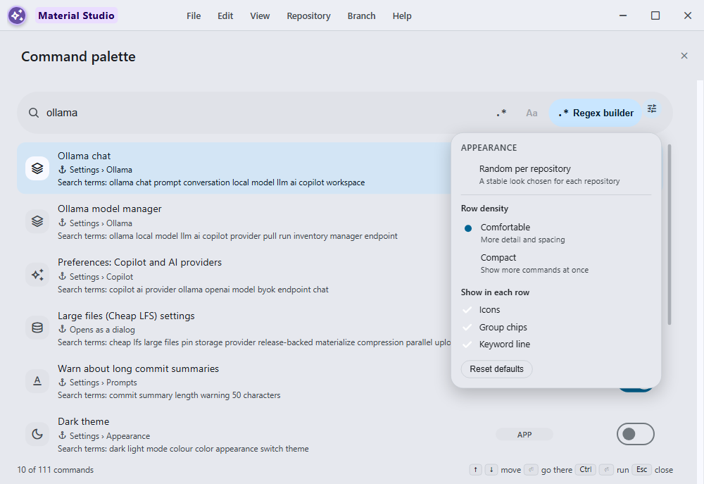 Full-app command palette showing matched commands with their live settings controls beside the compact aligned row appearance editor