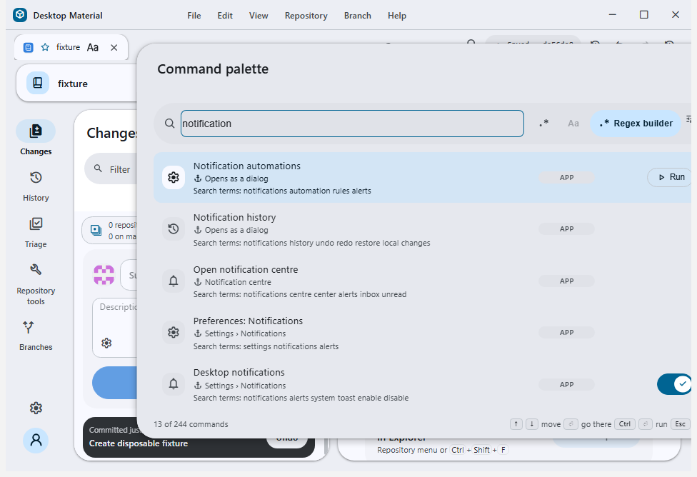 Command palette showing separate live notification-centre and local notification-history routes