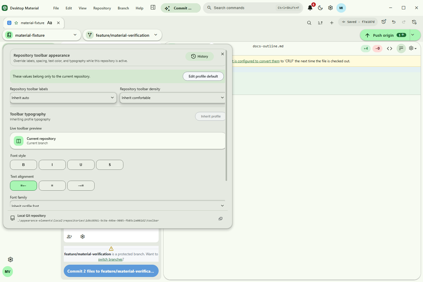 Appearance editor anchored beside its actual owner with History, a dedicated local Git path, and burst-safe persistence