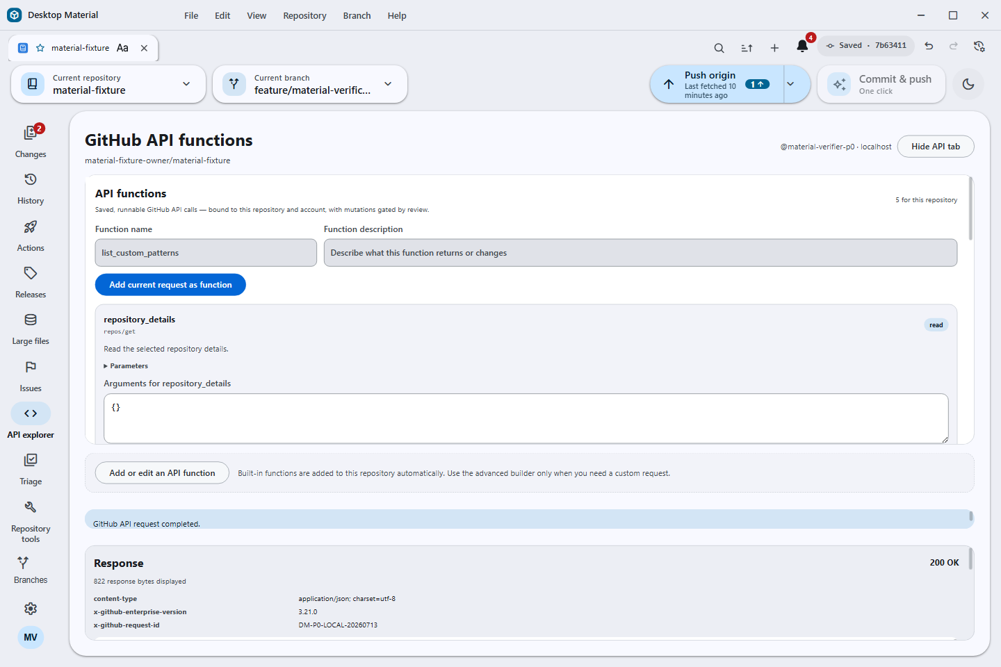 Repository-contextual GitHub API Explorer with a searchable operation catalog, REST request builder, and bounded redacted response