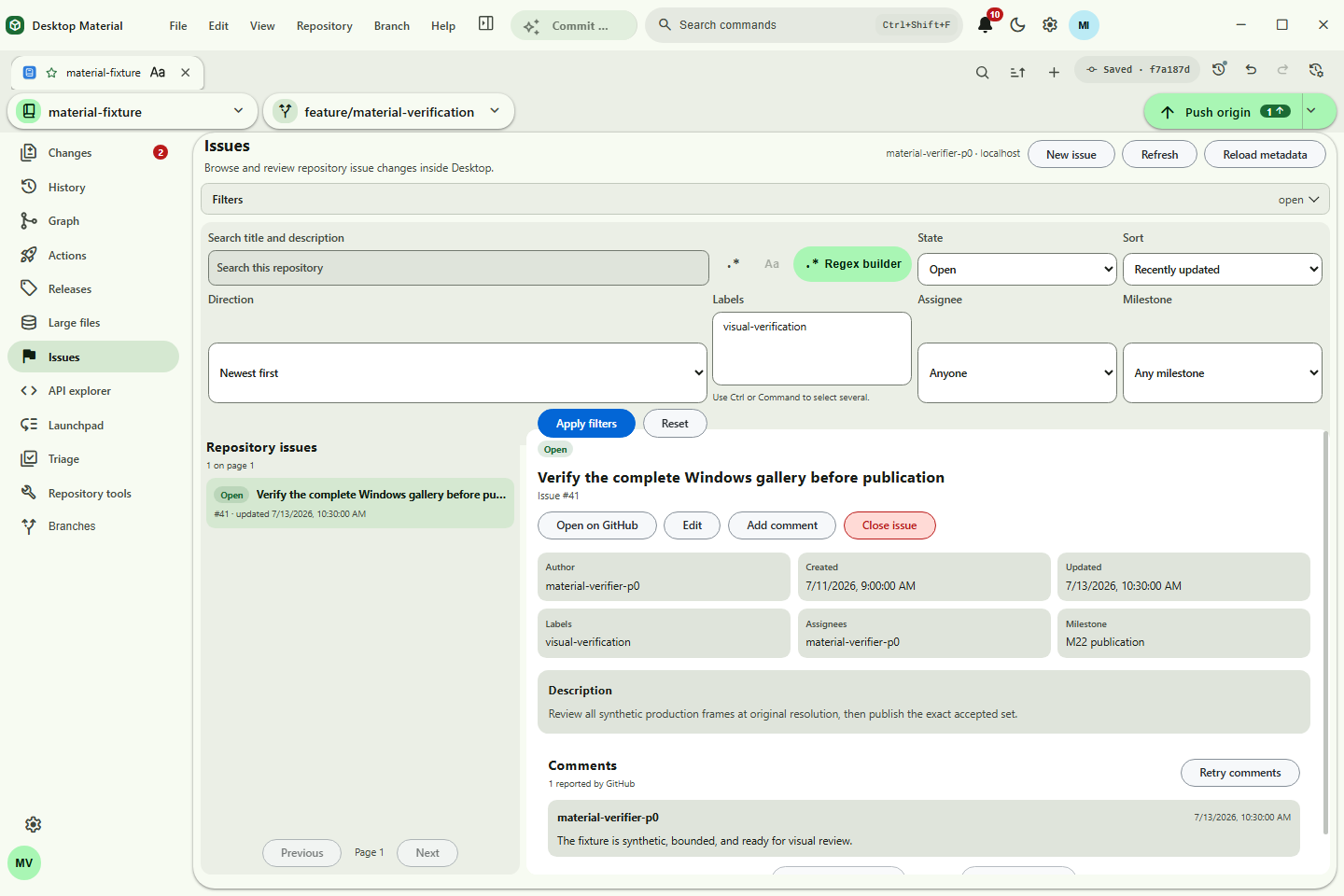 Issue detail, comments, and reviewed lifecycle controls