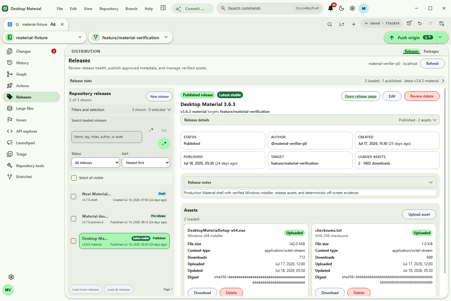 Releases dashboard with status summary, searchable catalog, selected metadata, and assets