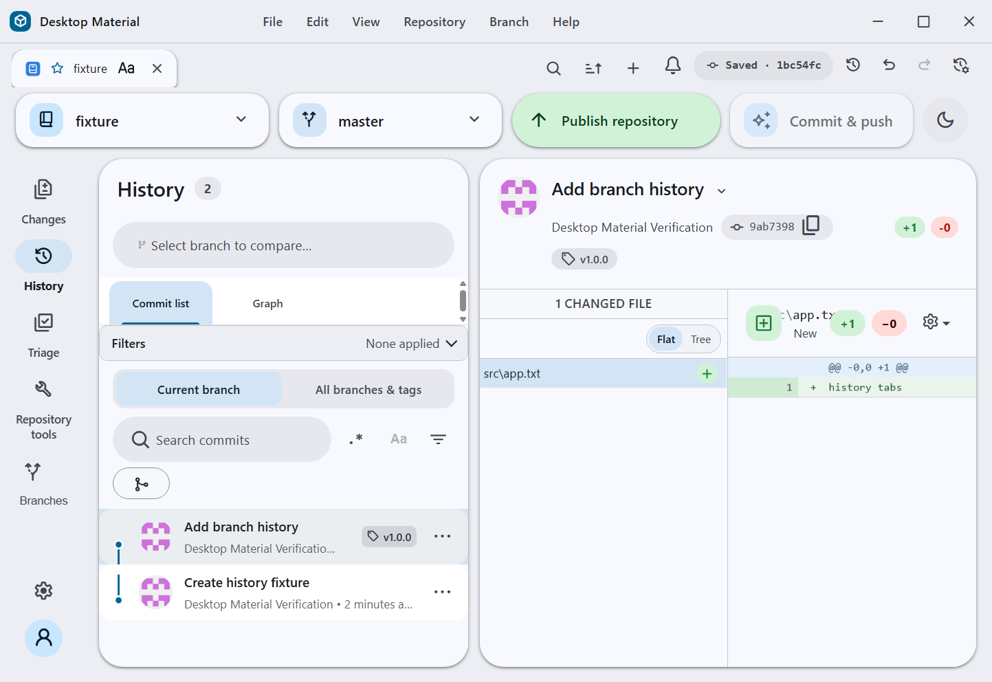 History Commit list tab from the built Windows app
