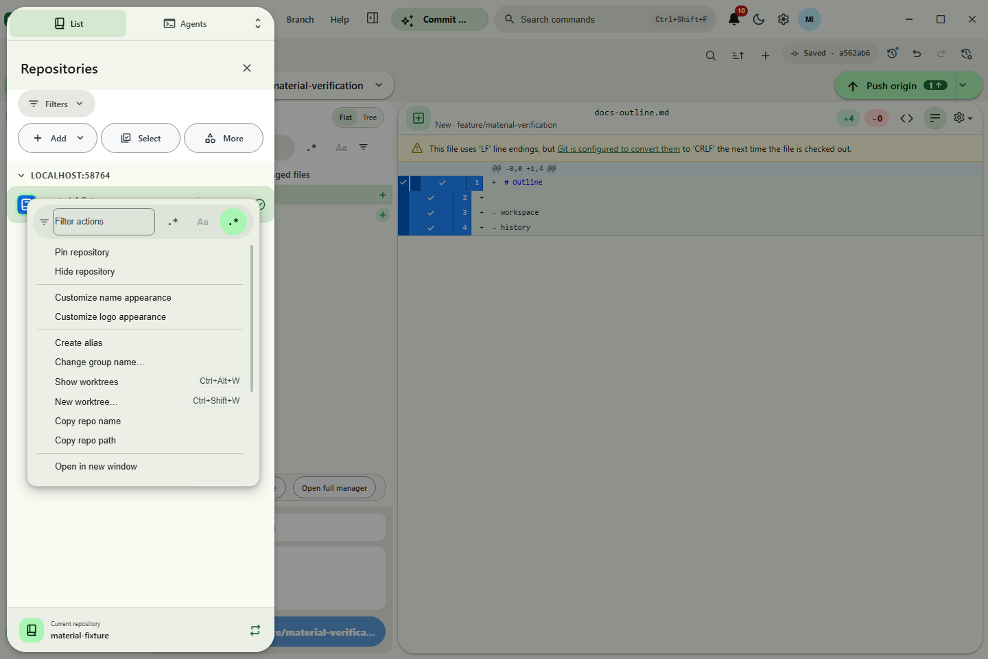 Open repositories and worktrees in another window