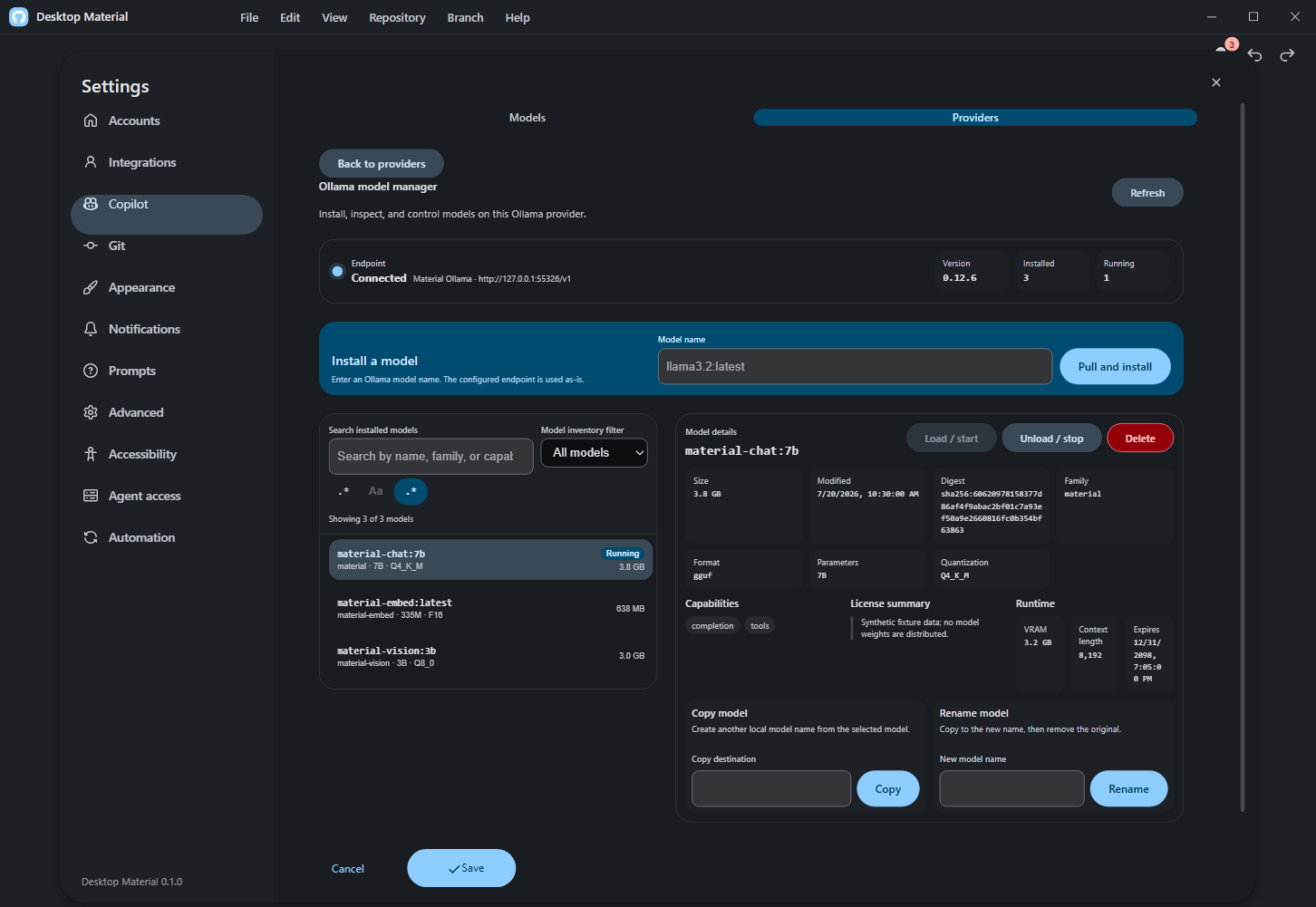 Ollama model manager with endpoint health, installed and running inventory, details, and lifecycle controls