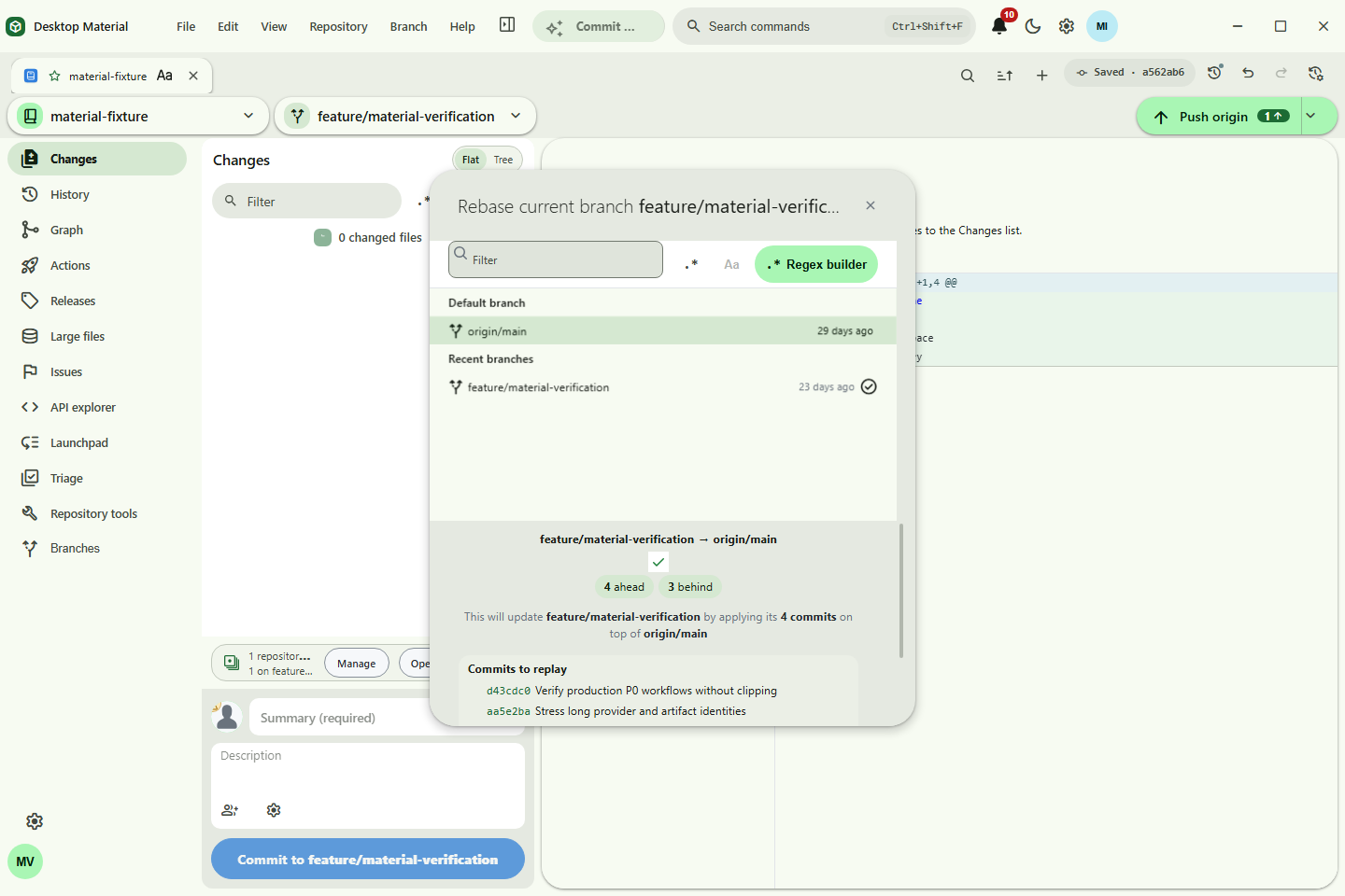 Reviewed current-branch rebase with ahead and behind counts and a bounded commit preview