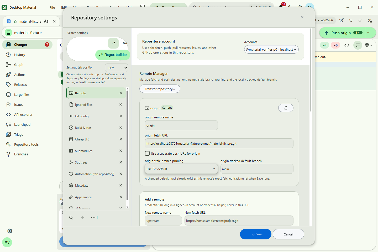 Repository Settings with the shared browser-style tabs and Remote page selected