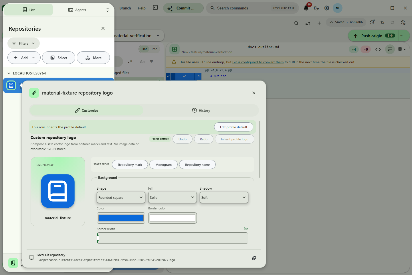 Layered custom repository-logo studio with a live preview and safe vector controls