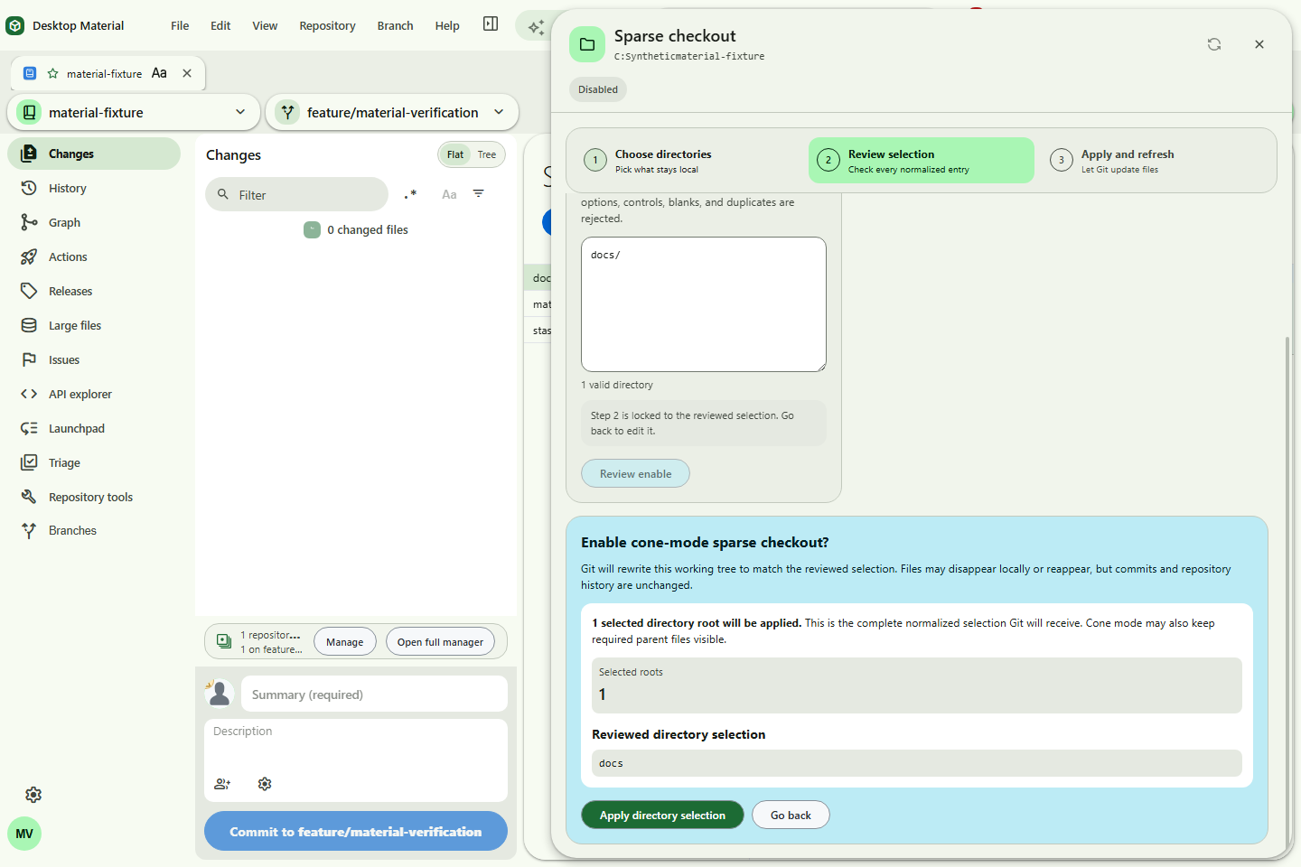 Guided sparse-checkout sheet with Review active, the editor locked, and the exact normalized docs selection