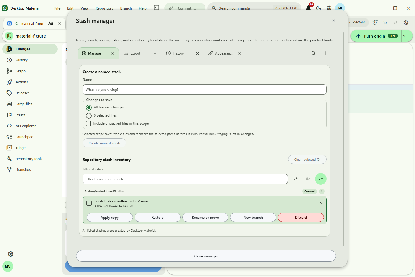 Stash Manager with browser-style Manage, Export, History, and Appearance and voice pages