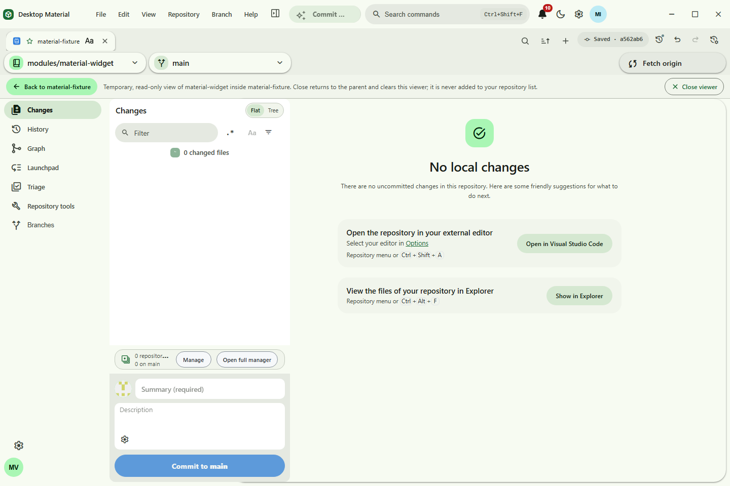 Initialized submodule opened temporarily with a context bar and Back control to the persisted root repository