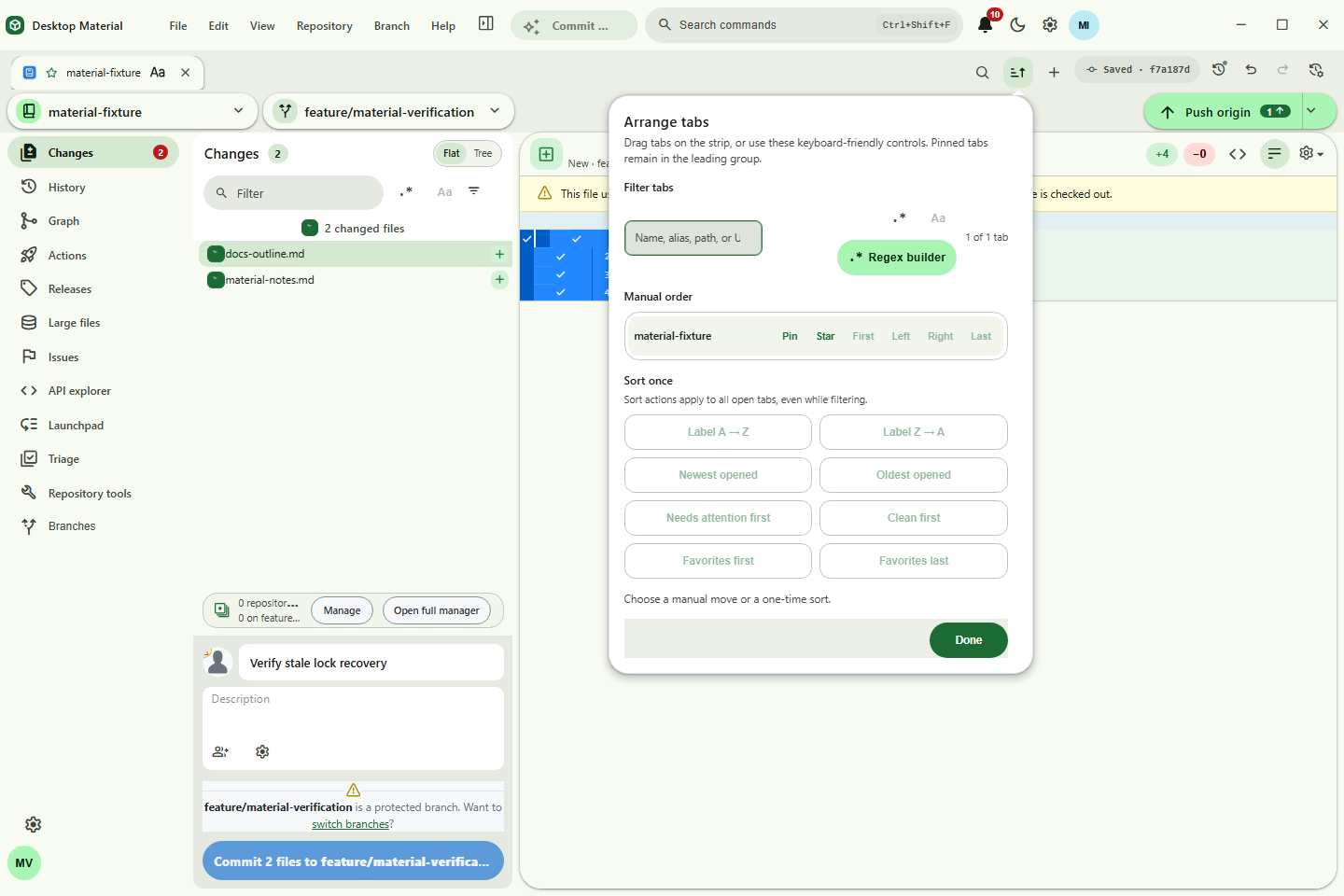 Arrange tabs surface with pinned and manual movement controls plus one-shot sorts