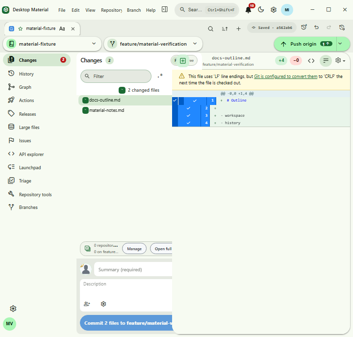 Measured narrow toolbar with Build and Run and Commit and Push in the More actions surface