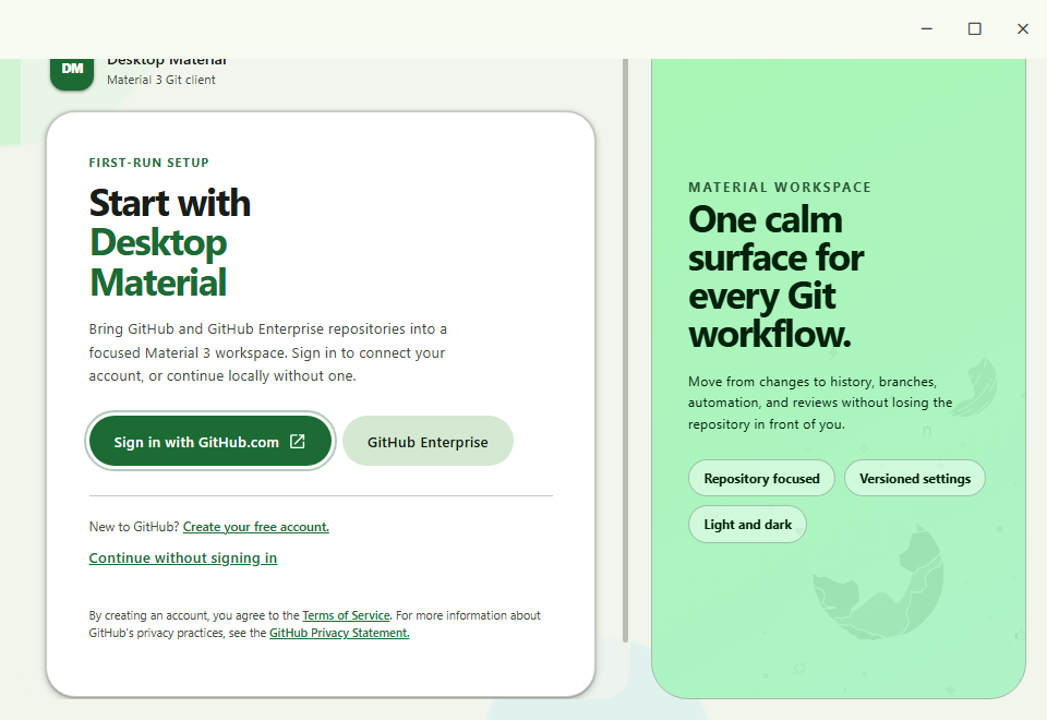 Material first-run welcome with a focused setup card and tonal workspace preview