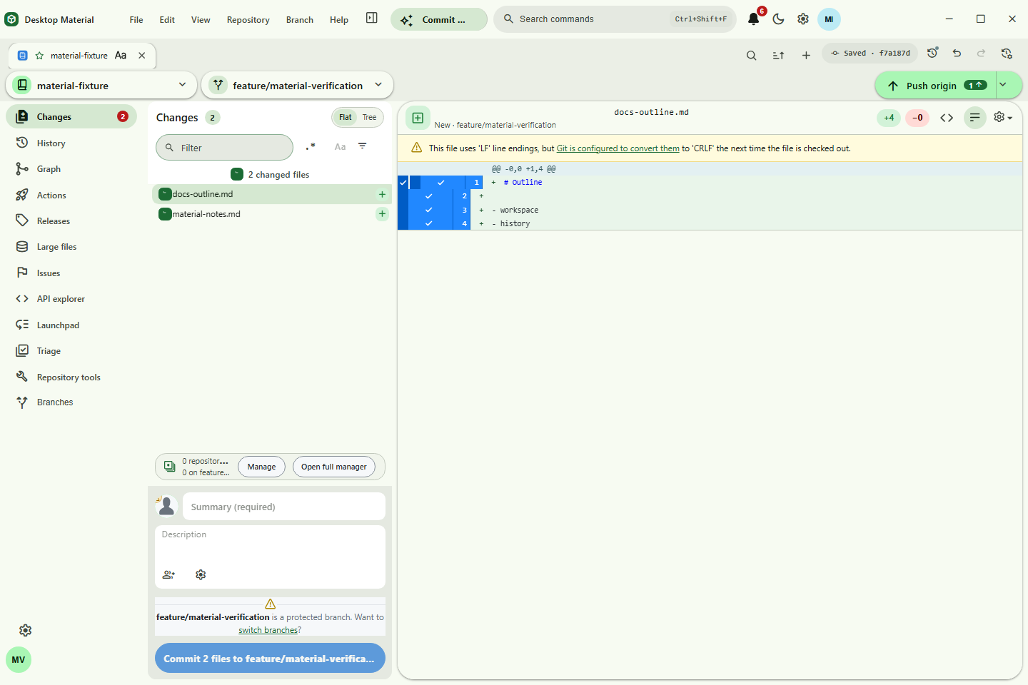 Material Changes workspace and commit flow