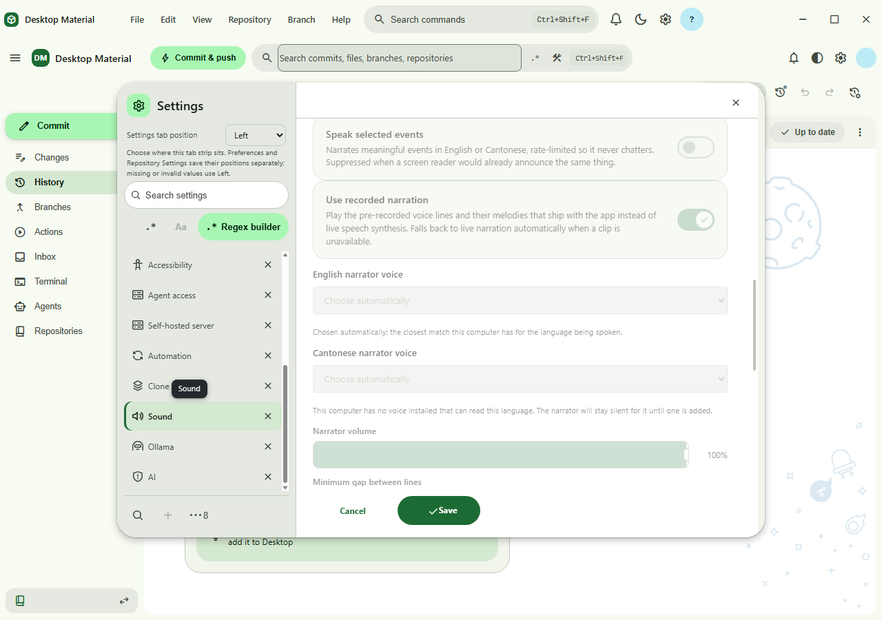 Settings then Sound showing both narrator voice pickers, English reporting that a voice was chosen automatically and Cantonese reporting that this computer has no voice installed that can read the language