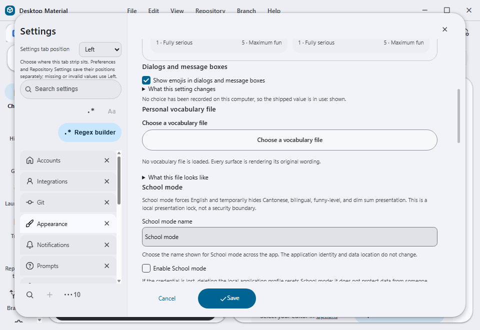 Settings then Appearance showing the Personal vocabulary section in its no-file state, with the styled chooser and original-wording status