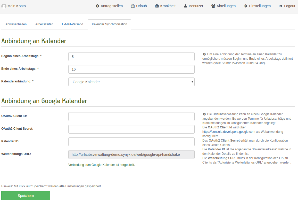 Einstellungsdialog für Google Calendar als Kalenderanbindung