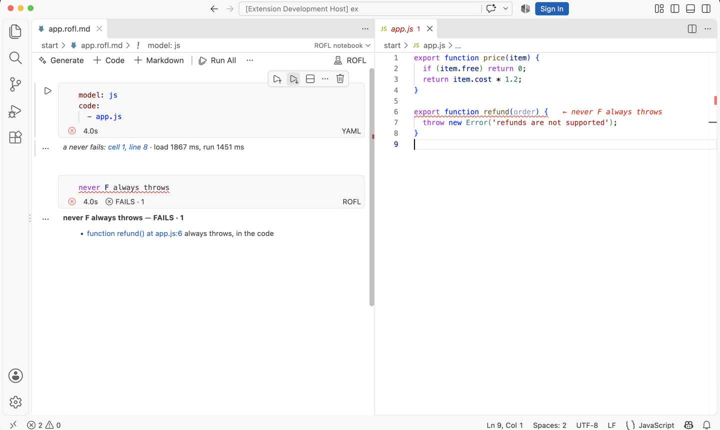 A notebook over a JavaScript file: answers under each question, and a failing never marked in the code
