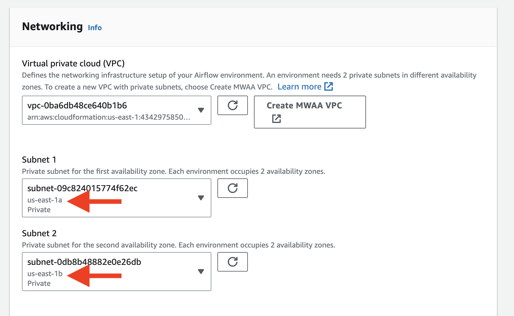 Select MWAA subnets