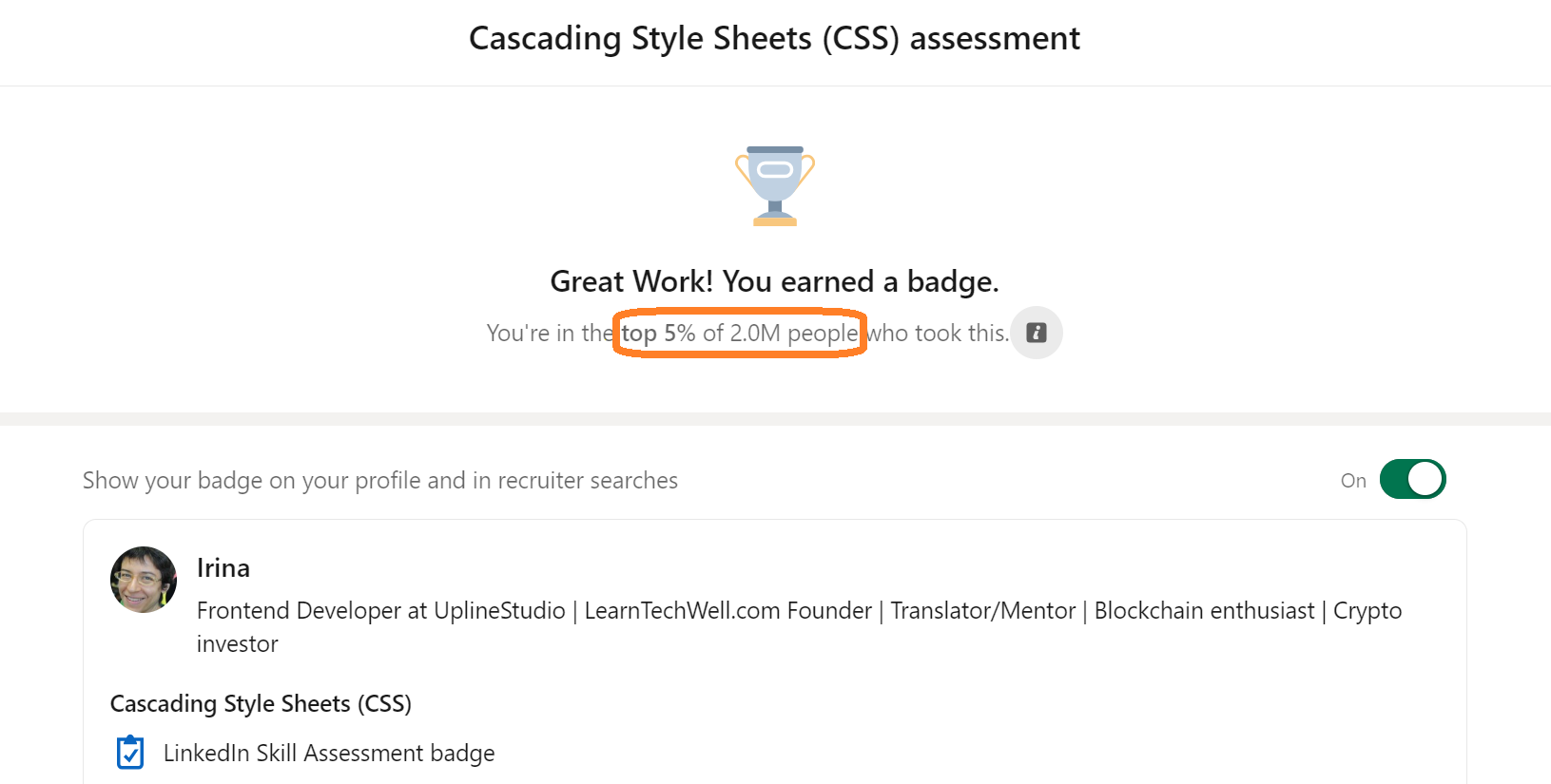 Ranked in the top 5% on LinkedIn CSS Assessment