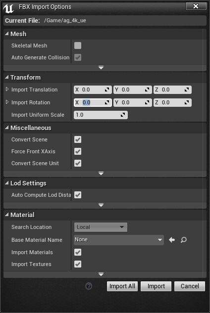 Unreal import options
