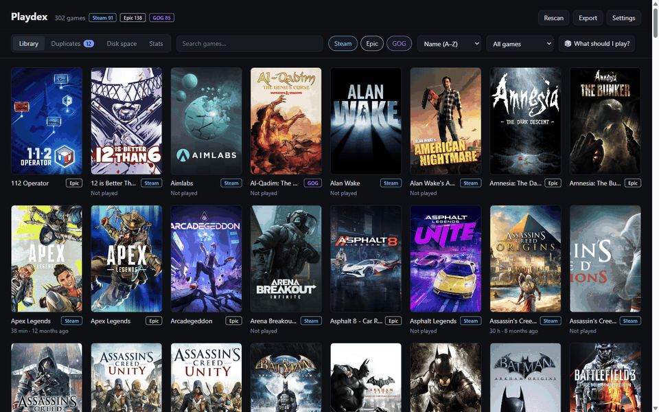 Playdex demo: library, filters, stats and disk space