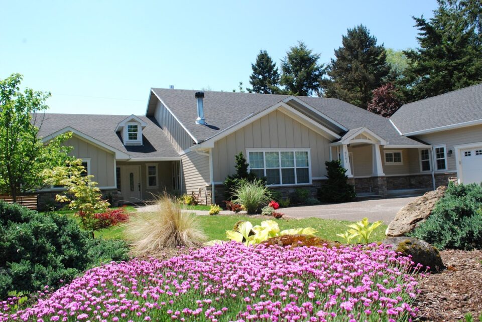 View of the AFH from outside with flowers