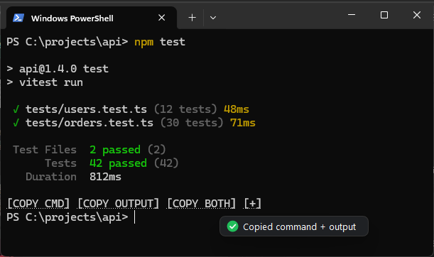 A test run in a terminal, followed by the buttons [COPY CMD] [COPY OUTPUT] [COPY BOTH] [+]; a small tag next to the pointer says: Copied command + output