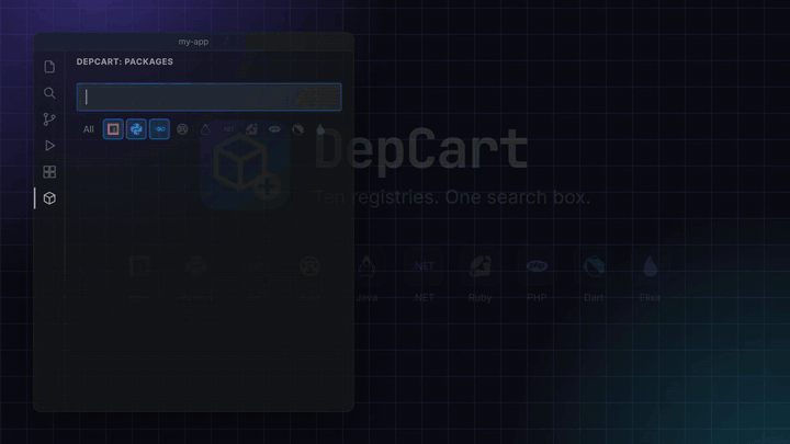 DepCart: search, add a package, and get the install command for the tool your project uses