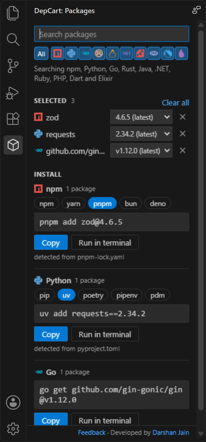 Selected packages and one install command per language