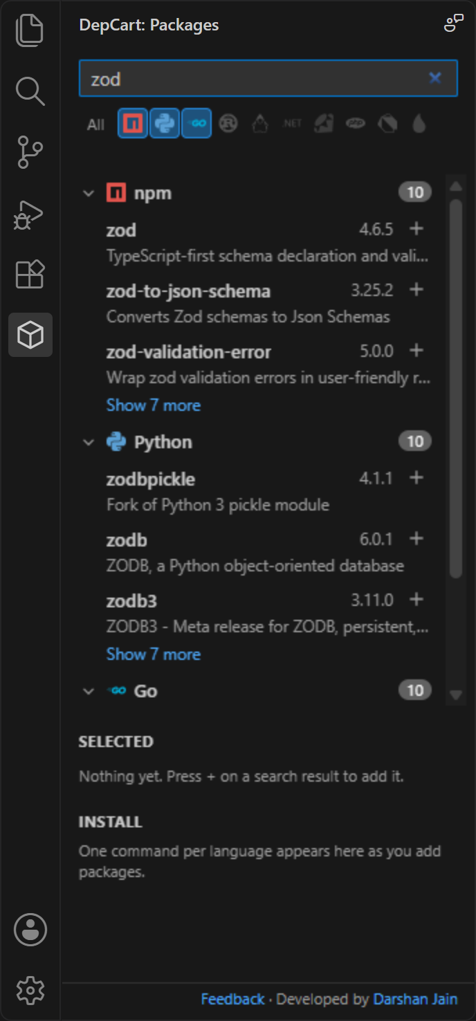 Search results grouped by language