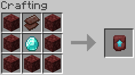 Recipe for the Netherite Upgrade Smiothing Template that the data pack adds. 8 netherrack in a U-shape, 1 diamond in the middle and 1 netherite scrap at the top.