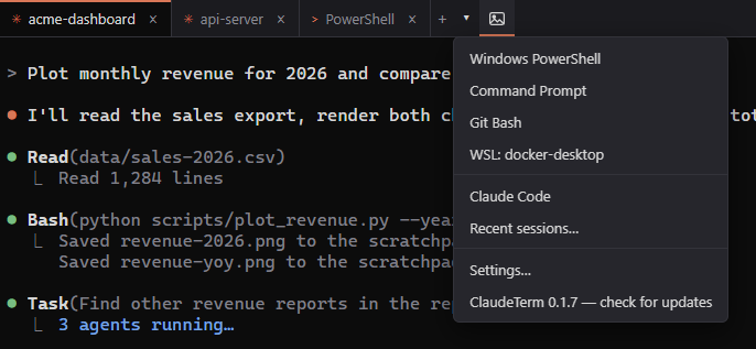 New tab menu with detected shell profiles