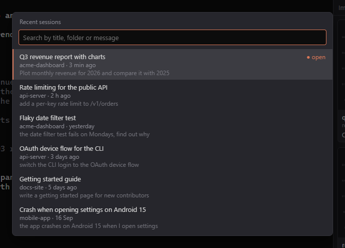 Recent sessions window: titles, folders, ages and last messages, with a search field