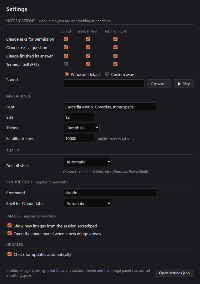 Settings window