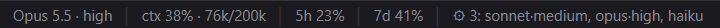 Status bar: model, effort, context, 5-hour and weekly limits, running subagents
